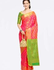 Luxowear Pink Silk Blend Woven Design Kanjeevaram Saree