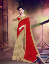Georgette Red and Beige Sparkle Fancy Saree