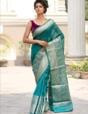 Rama Green Semi linen silk dyeble zari scurt plain body soft silk banarasi saree
