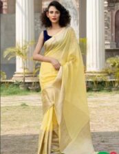 Leman YellowSemi linen silk dyeble zari scurt plain body soft silk banarasi saree