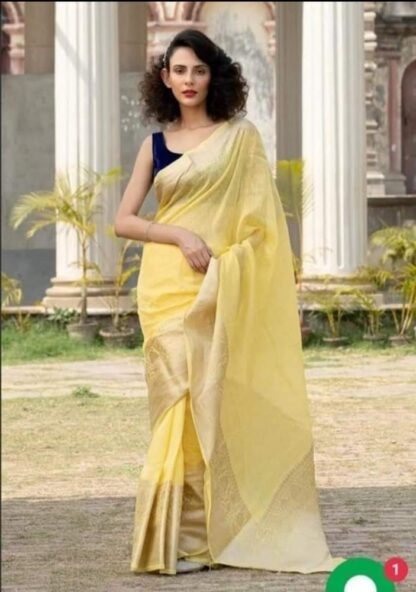 Leman YellowSemi linen silk dyeble zari scurt plain body soft silk banarasi saree