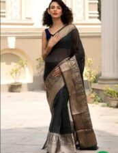 Black Semi linen silk dyeble zari scurt plain body soft silk banarasi saree