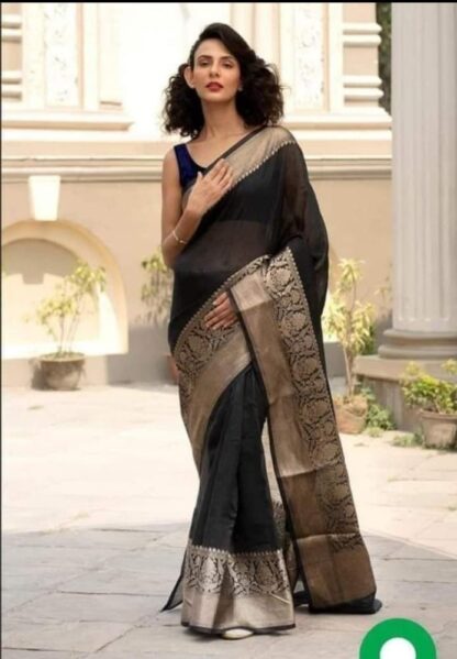 Black Semi linen silk dyeble zari scurt plain body soft silk banarasi saree