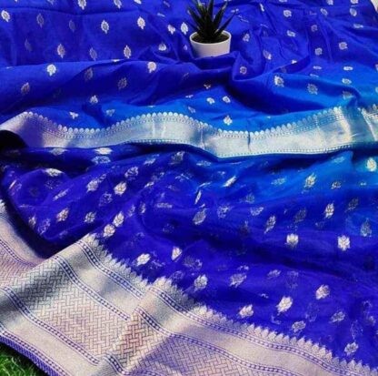 Semi kora silk dyeable silver zari border buti soft silk Banaras saree
