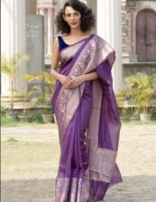 PurpleSemi linen silk dyeble zari scurt plain body soft silk banarasi saree