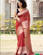 Red Semi linen silk dyeble zari scurt plain body soft silk banarasi saree