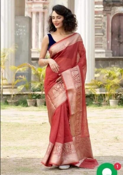 Red Semi linen silk dyeble zari scurt plain body soft silk banarasi saree