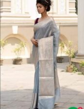 Grey Semi linen silk dyeble zari scurt plain body soft silk banarasi saree