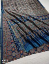 Handloom chanderi ajrak block printed cotton silk sari with blouse