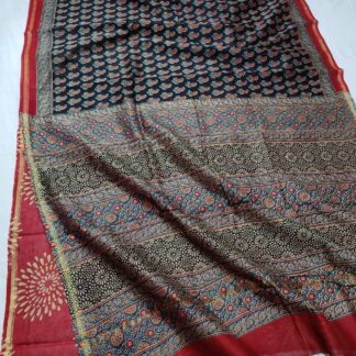 Handloom chanderi ajrak block print cotton silk saree with blouse