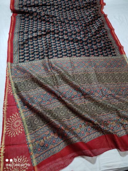 Handloom chanderi ajrak block print cotton silk saree with blouse