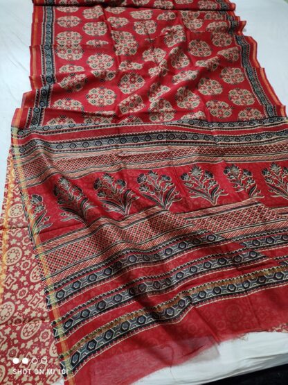 Ajrak chanderi  block printed cotton silk saree with blouse