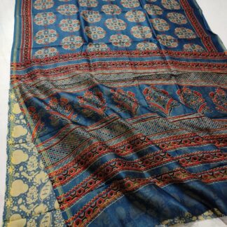Chanderi ajrak block printed cotton silk saree with blouse