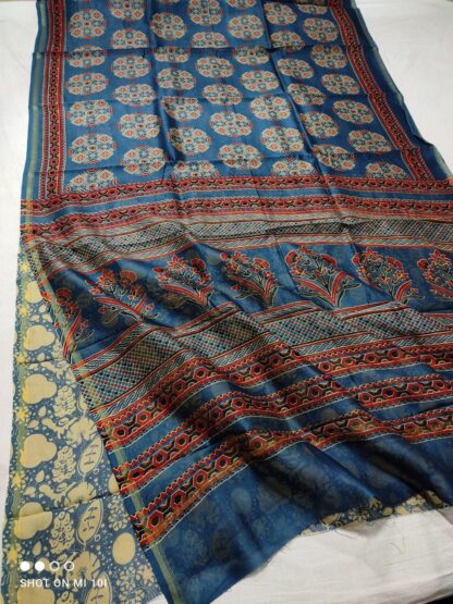 Chanderi ajrak block printed cotton silk saree with blouse