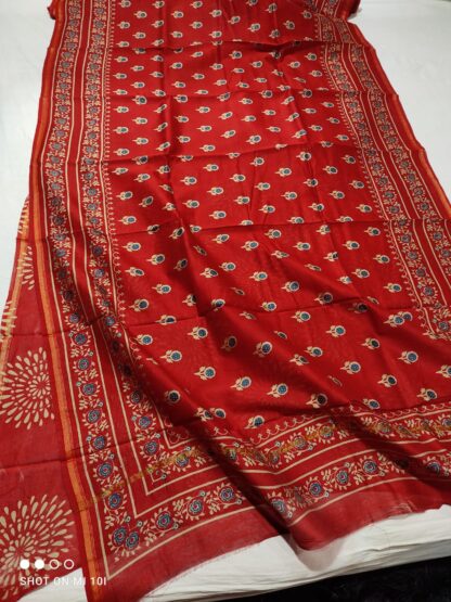 Handloom chanderi ajrak block printed cotton silk saree with blouse