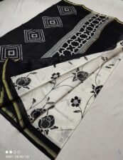9-Items Black and White chanderi Cotton Silk hand block printed  saree Original  Handloom   with blouse