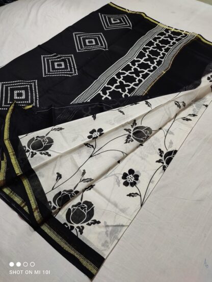 9-Items Black and White chanderi Cotton Silk hand block printed  saree Original  Handloom   with blouse