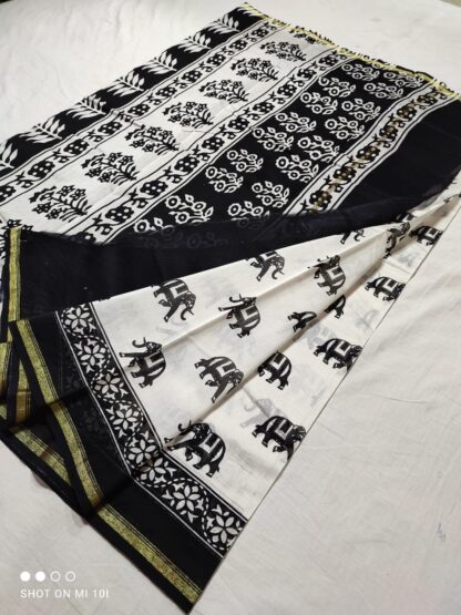9-Items Black and White Cotton Silk hand block printed  saree Original chanderi Handloom   with blouse