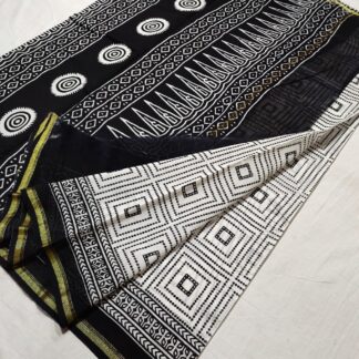 9-Items Black and White Cotton Silk Original chanderi Handloom  hand block printed  saree with blouse