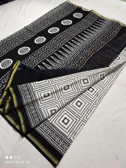 9-Items Black and White Cotton Silk Original chanderi Handloom  hand block printed  saree with blouse