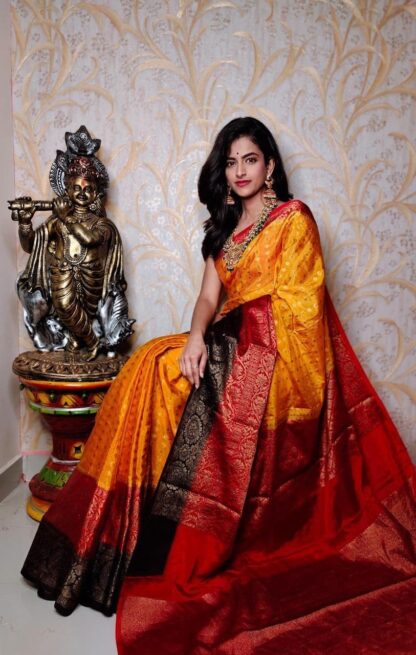 Golden yellow-Red Warm silk dyeable zari  saree