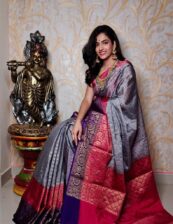 Grey And Red Warm silk dyeable zari  saree