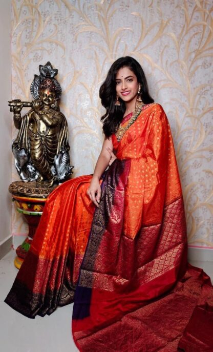 Orange-Red Warm silk dyeable zari  saree