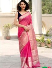 Pink zari scurt plain body soft silk banarasi saree