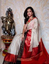 White and Red Warm silk dyeable zari  saree