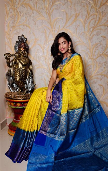 Yellow-Blue Warm silk dyeble zari  banarasi saree