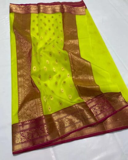 Original Handloom chanderi pure katan organza silk (silk by silk ) all over Meena Kari buti saree with blouse