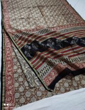 Original  Handloom brown chanderi  bagru hand block printed cotton silk saree with blouse.