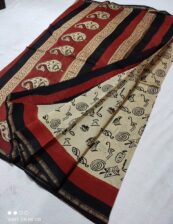 Original  Handloom cream chanderi  bagru hand block printed cotton silk saree with blouse.