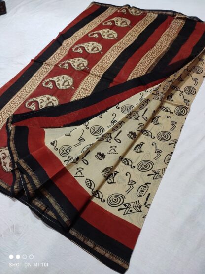 Original  Handloom cream chanderi  bagru hand block printed cotton silk saree with blouse.