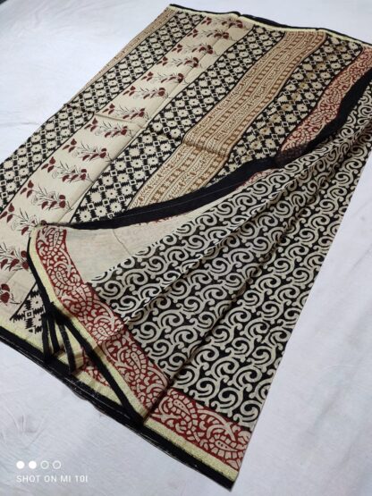 Original  Handloom black chanderi  bagru hand block printed cotton silk saree with blouse.