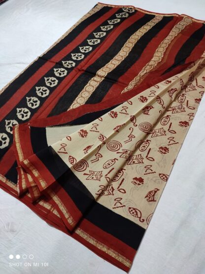 Original  Handloom cream chanderi  bagru hand block printed cotton silk saree with blouse.
