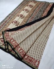 Original  Handloom cream chanderi  bagru hand block printed cotton silk saree with blouse.