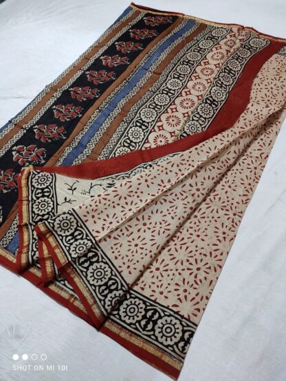 Original  Handloom cream chanderi  bagru hand block printed cotton silk saree with blouse.