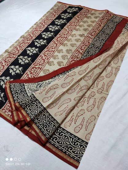 Original  Handloom cream chanderi  bagru hand block printed cotton silk saree with blouse.