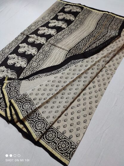 Original  Handloom cream chanderi  bagru hand block printed cotton silk saree with blouse.