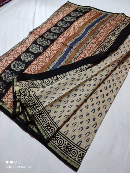 Original  Handloom cream chanderi  bagru hand block printed cotton silk saree with blouse.