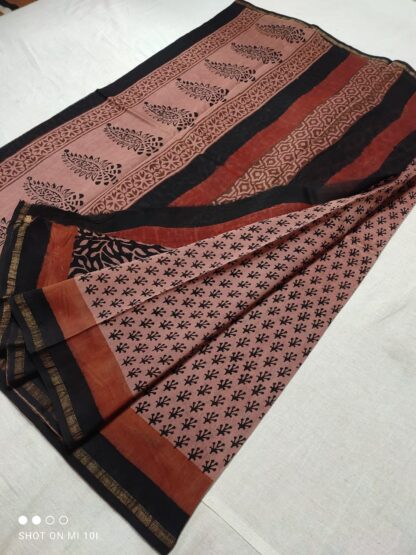 Original  Handloom peach chanderi  bagru hand block printed cotton silk saree with blouse.
