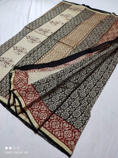 Original  Handloom black chanderi  bagru hand block printed cotton silk saree with blouse.