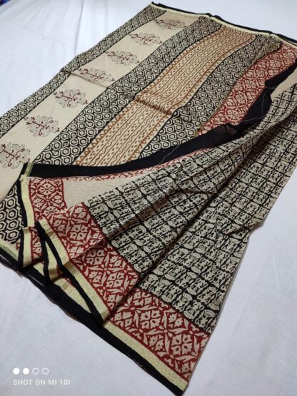 Original  Handloom cream chanderi  bagru hand block printed cotton silk saree with blouse.