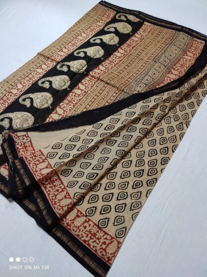 Original  Handloom cream chanderi  bagru hand block printed cotton silk saree with blouse.