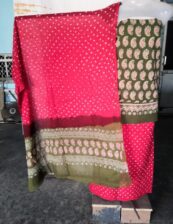 Hand block henna green-pink steem decharge print suit with bandh