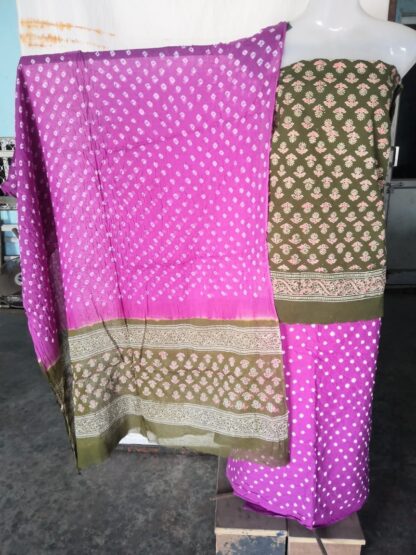 Hand block Purple and Heena green steem decharge print suit with bandh