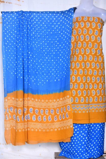 Hand blocK Golden-yellow and Blue decharge print suit with bandh