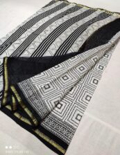 Original chanderi Handloom black and white hand block printed cotton silk saree with blouse.