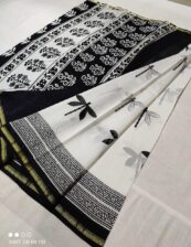 Original chanderi Handloom black and white hand block printed cotton silk saree with blouse.